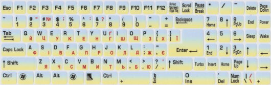 Антиблікові наклейки на клавіатуру стійкі до стирання (ламіновані) колір літер чорний+червоний / Розкладка: US+Українська / 108 клавіш / непрозорий жовто-блакитний фон (STKPQL-UA-108BLY.BKR) - Зображення 2