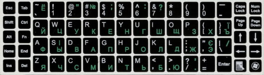 Антиблікові наклейки на клавіатуру колір літер білий+зелений / Розкладка: US+Українська+RU / 68 клавіш / непрозорий чорний фон (STKPQS-068BK.WG) - Зображення 2